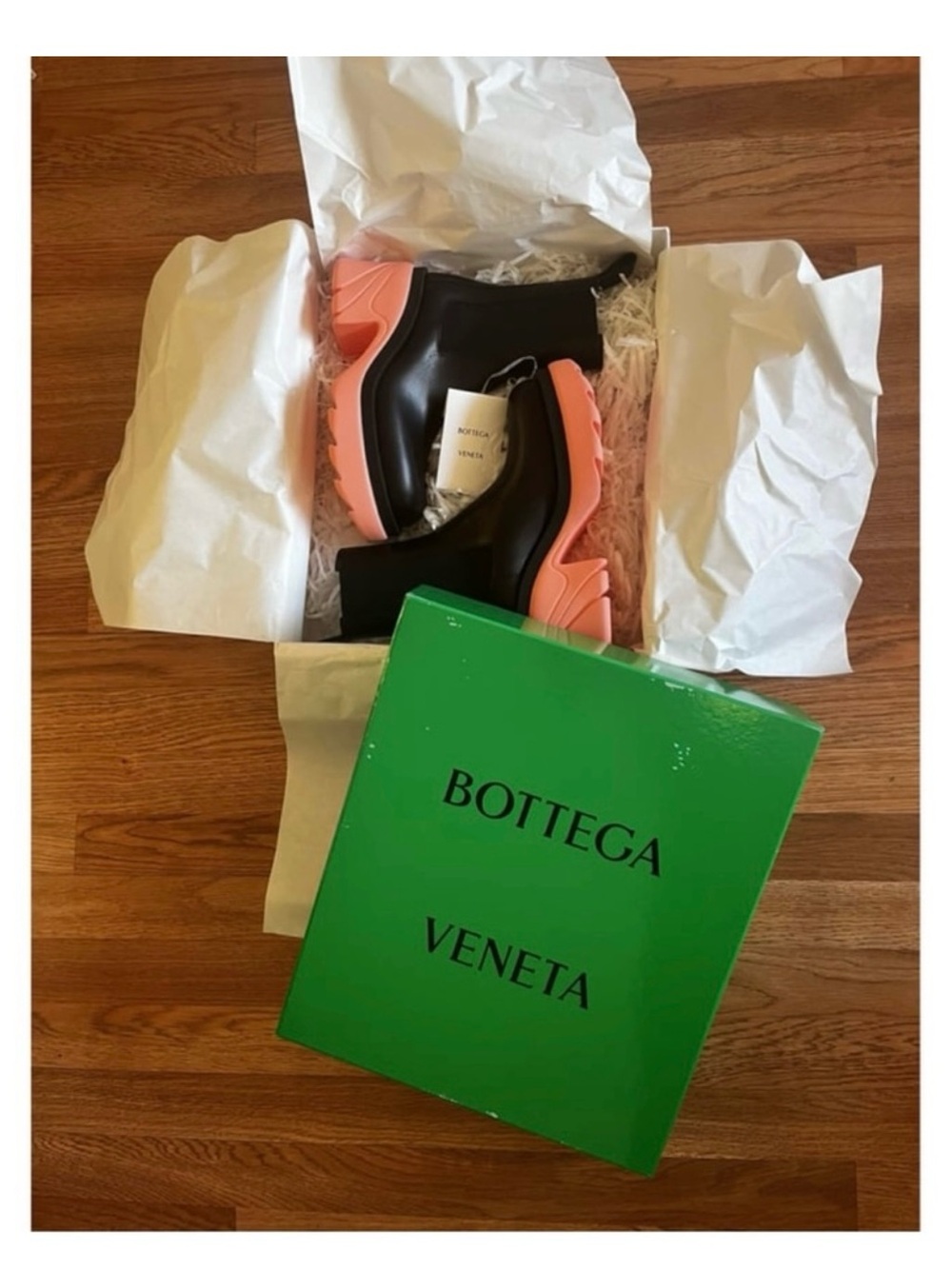 Bottega Veneta Black Leather Boots with Coral Pink Lug Sole
